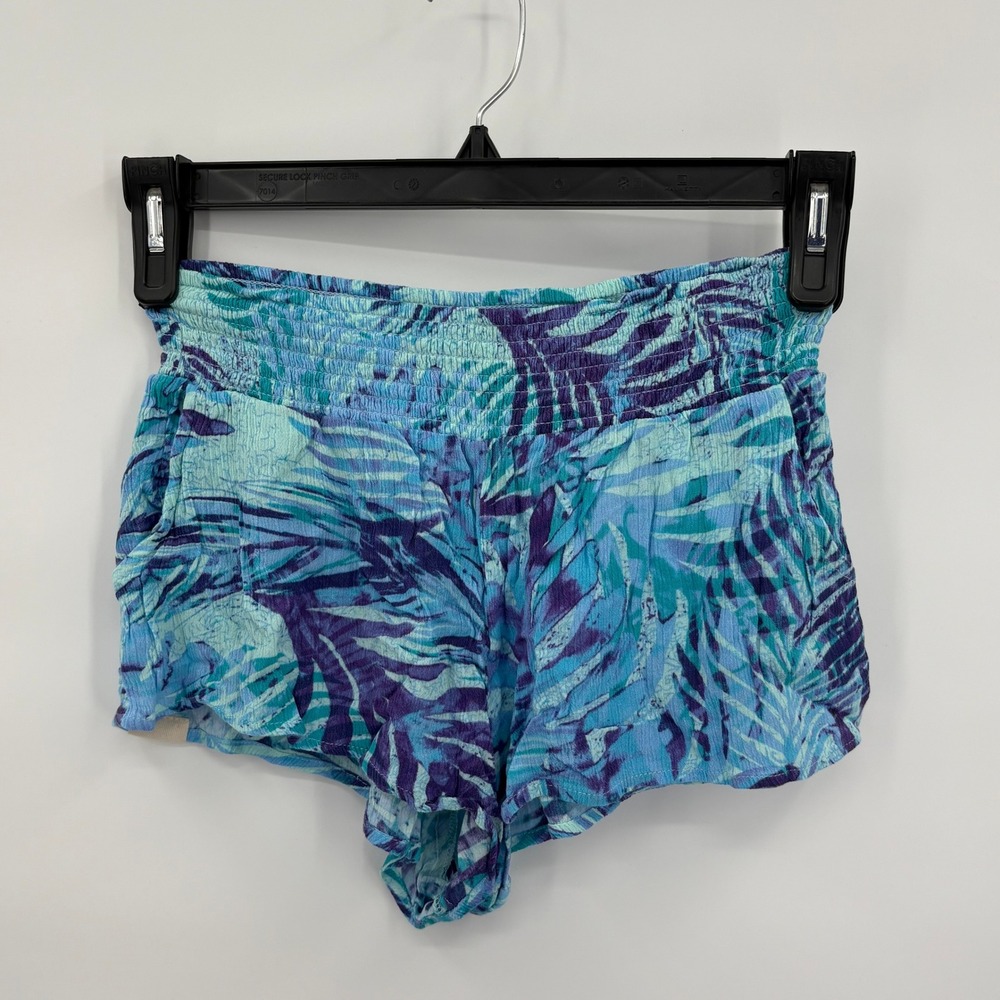 Salt Life Womens Tropical Palm Print Smocked Waist Rayon Shorts Blue Purple